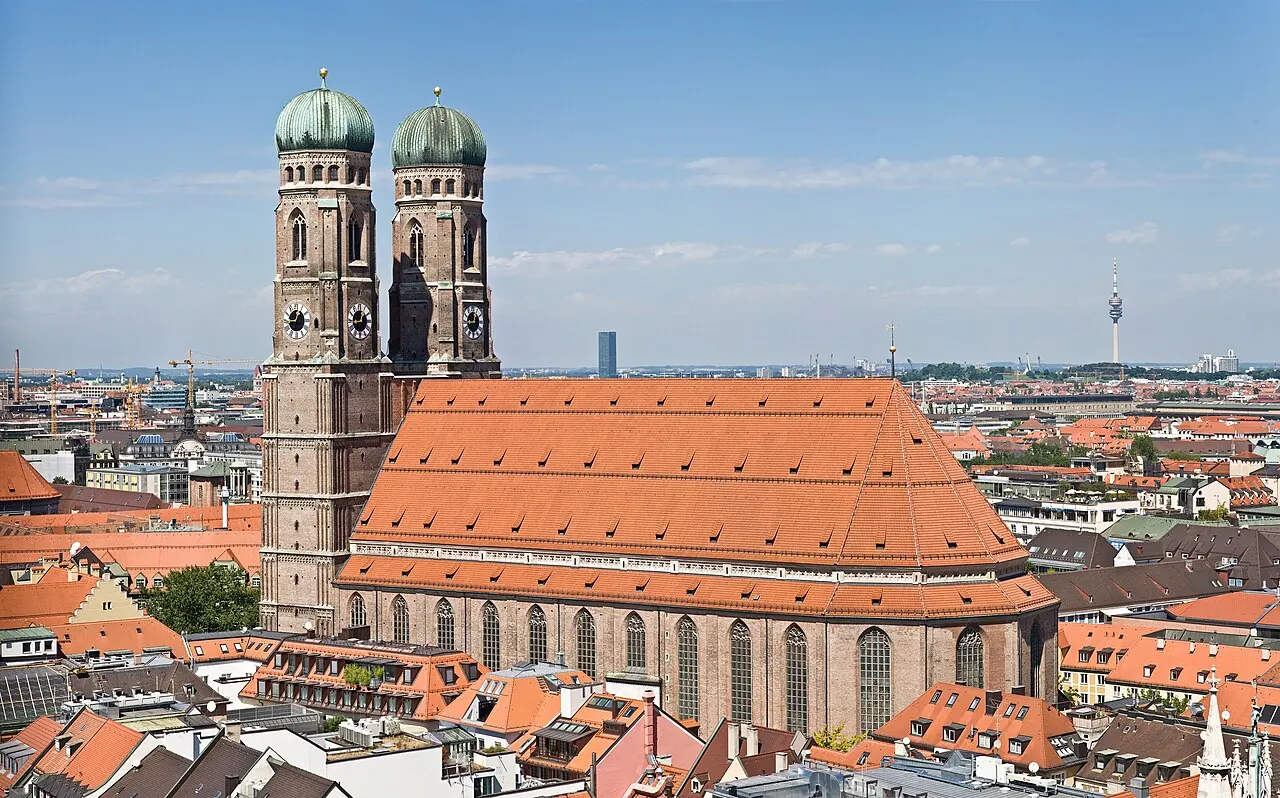 Munich's Frauenkirche and its twin domed towers above the old-town roofs