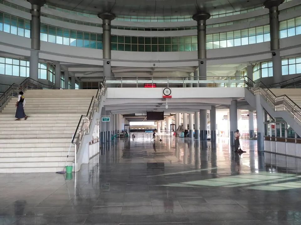 Broad interior stairs and circulation hall at Naypyidaw Central Railway Station