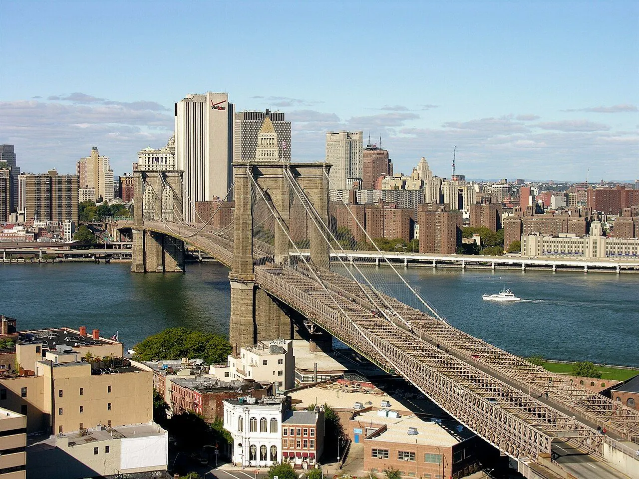 Brooklyn Bridge's stone towers, suspension cables and pedestrian route