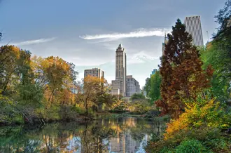 Tree-lined southern Central Park with Manhattan buildings beyond