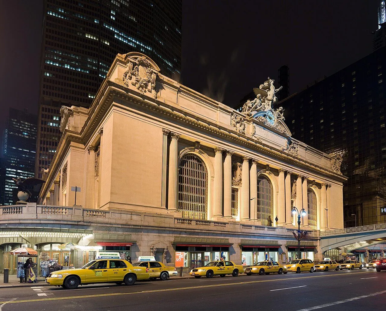 Grand Central Terminal's illuminated exterior and entrance on 42nd Street