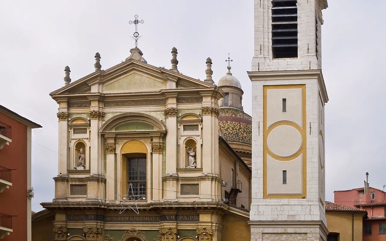 The Baroque facade and bell tower of Sainte-Reparate Cathedral on Place Rossetti