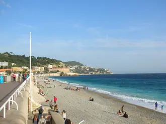 The Promenade des Anglais beside Nice's pebble beach and the blue Mediterranean