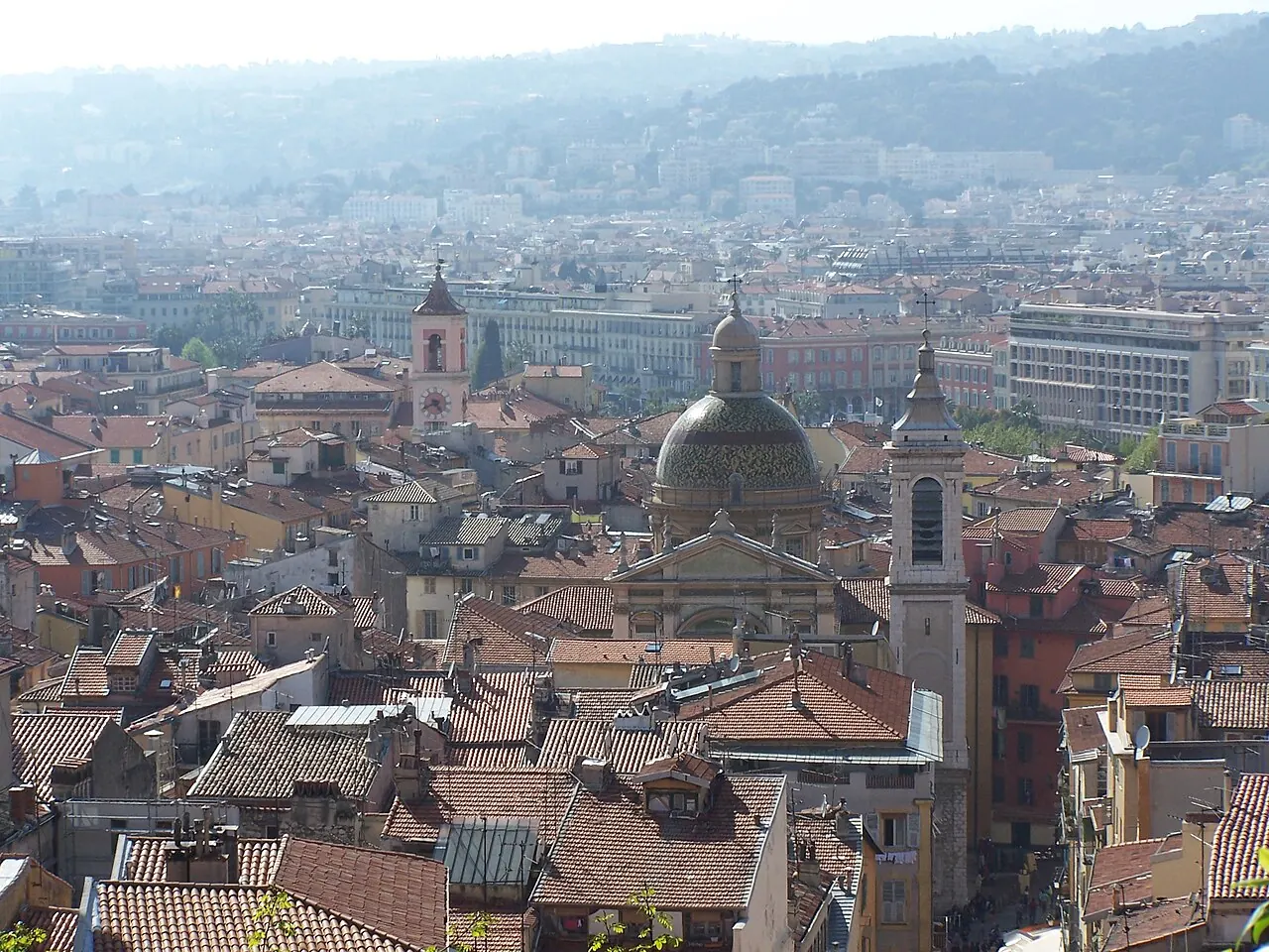 The rooftops and church towers of Vieux Nice seen from above