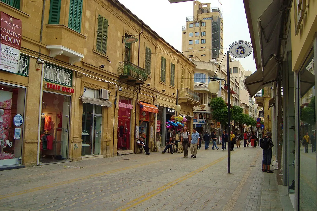 Pedestrians and shopfronts along Ledra Street in the old city of Nicosia