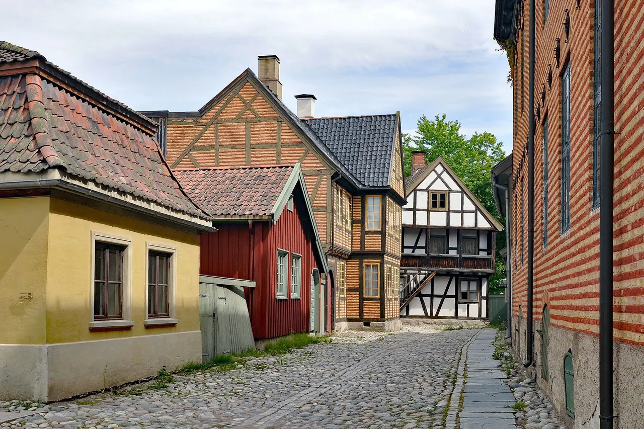 Historic timber buildings in the open-air Norwegian Museum of Cultural History