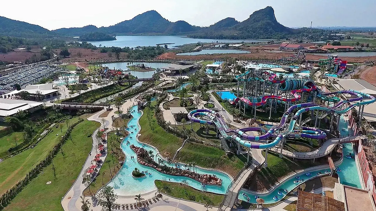 Water slides, pools and landscaped grounds at Ramayana Water Park near Pattaya