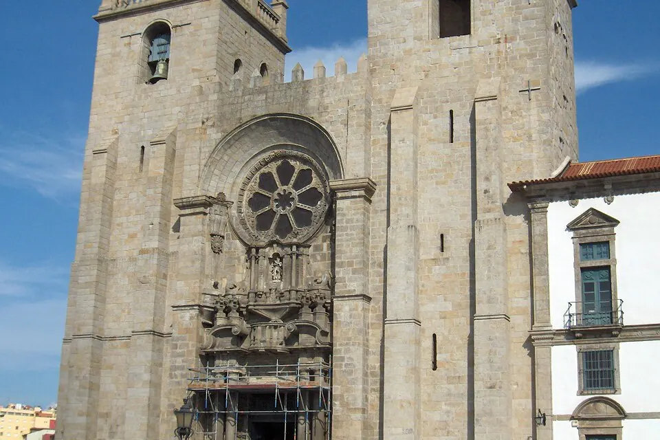 Stone facade and rose window of Porto Cathedral