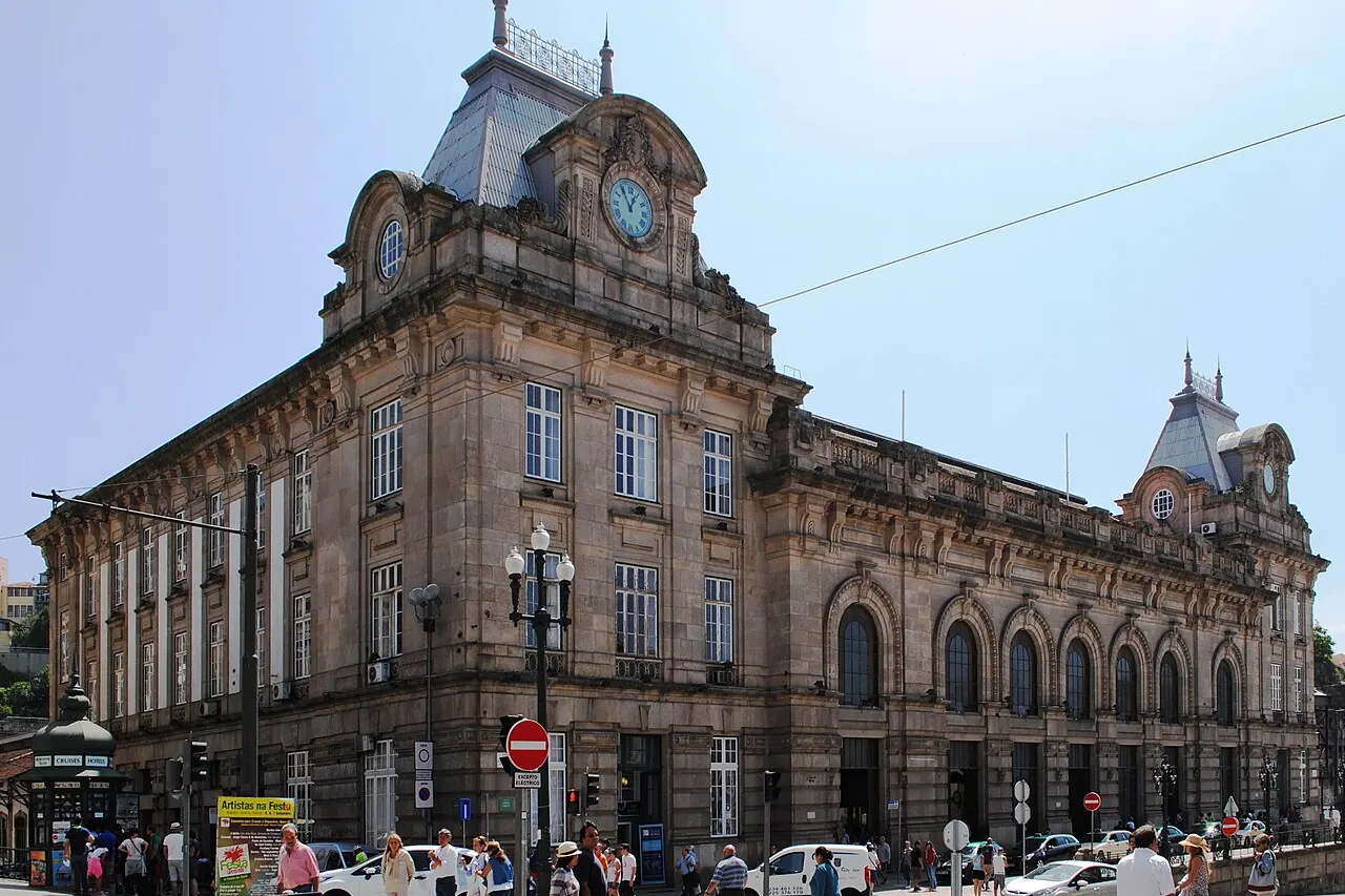 Classical stone exterior of Sao Bento railway station in Porto
