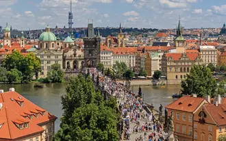 Charles Bridge crossing the Vltava, seen from the Lesser Town bridge tower
