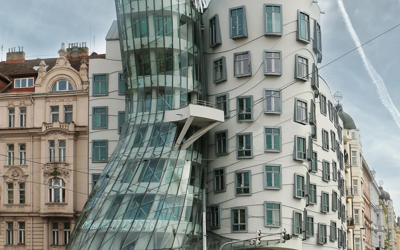 The curving glass and stone facades of Prague's Dancing House