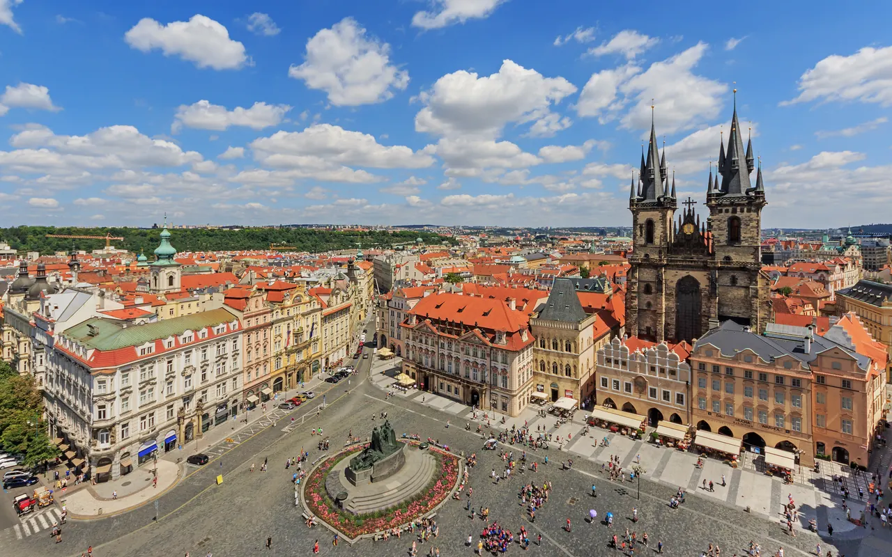 Old Town Square and the twin spires of the Church of Our Lady before Tyn