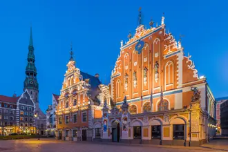 Ornate red-brick gables of the House of the Blackheads on Riga's Town Hall Square