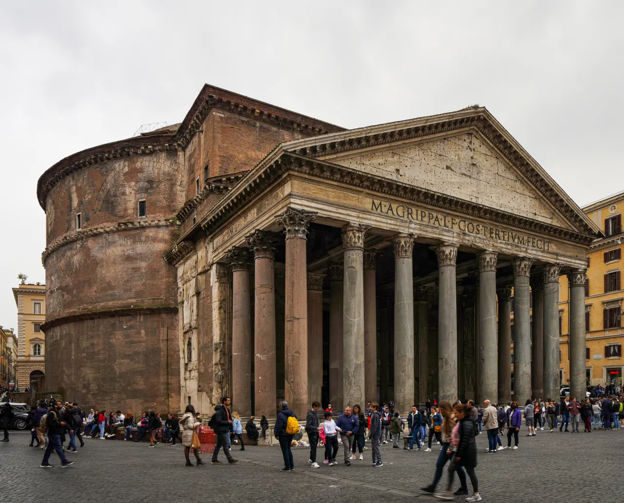 The Pantheon's columned portico and circular ancient structure in Rome