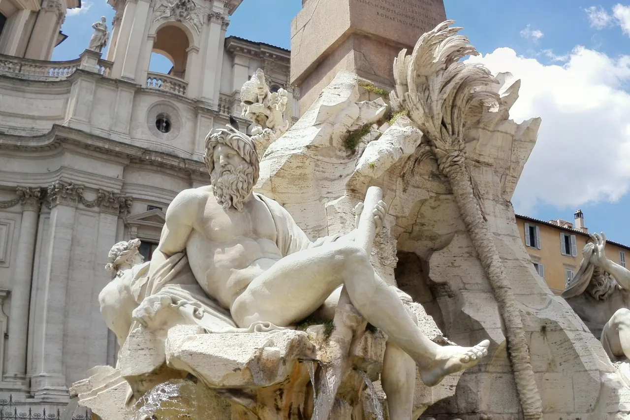 Sculptural detail of the Fountain of the Four Rivers in Piazza Navona