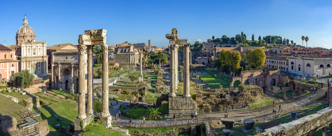 Temple columns, ancient paths and ruins across the Roman Forum