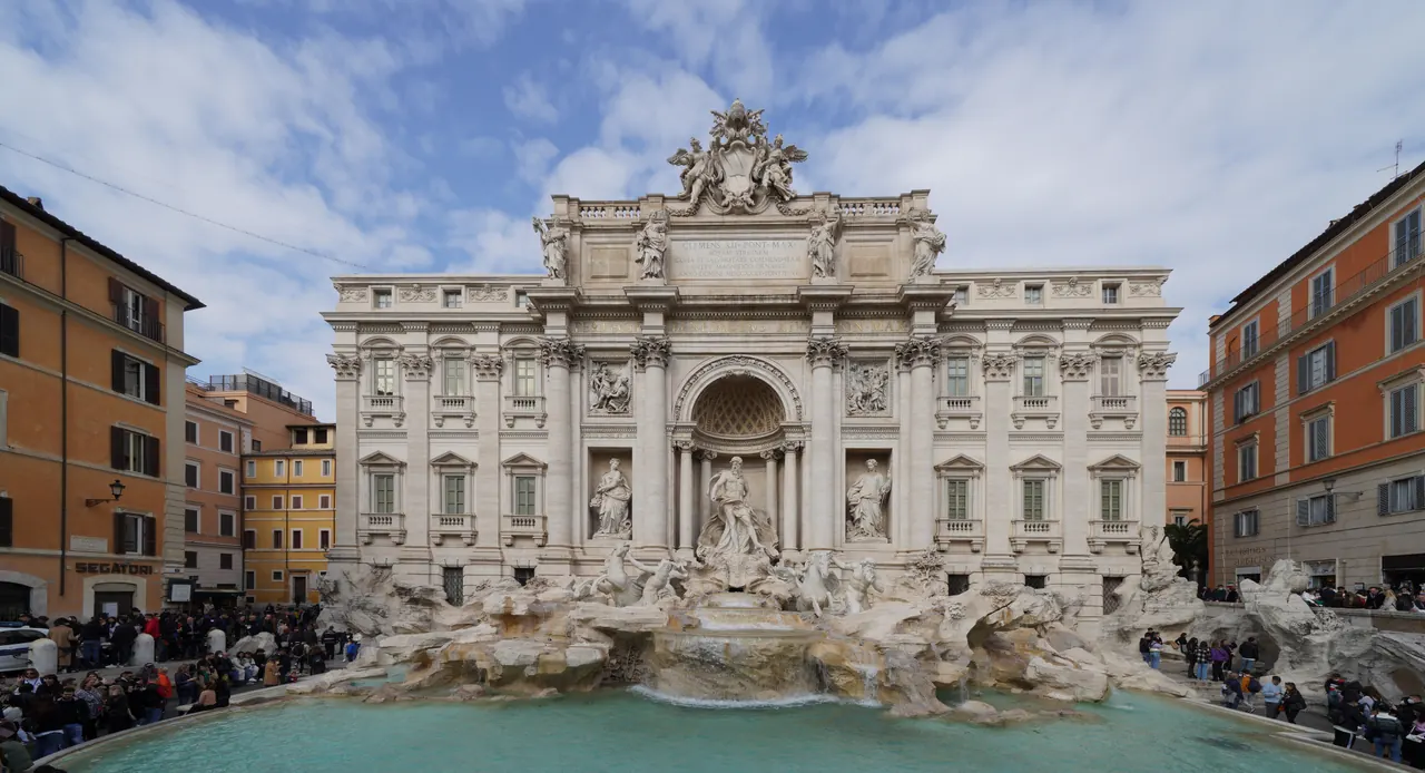The sculptures, stone facade and basin of the Trevi Fountain