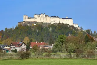Hohensalzburg Fortress above Salzburg’s hillside and houses