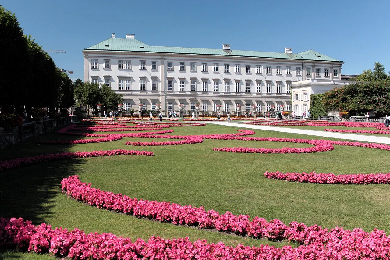 Mirabell Palace beyond formal flower beds in Salzburg