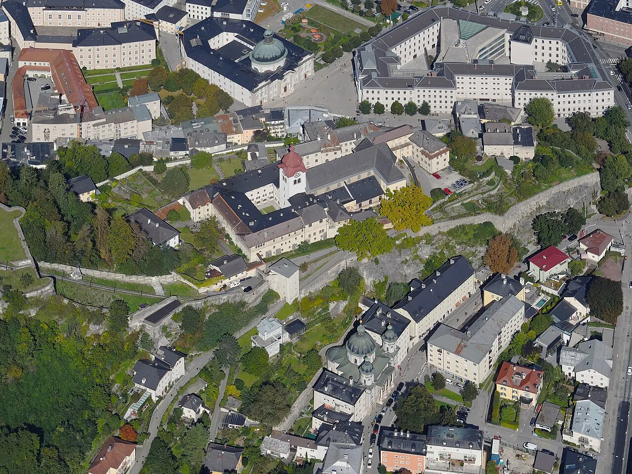 Nonnberg Abbey church and monastery seen from above in Salzburg