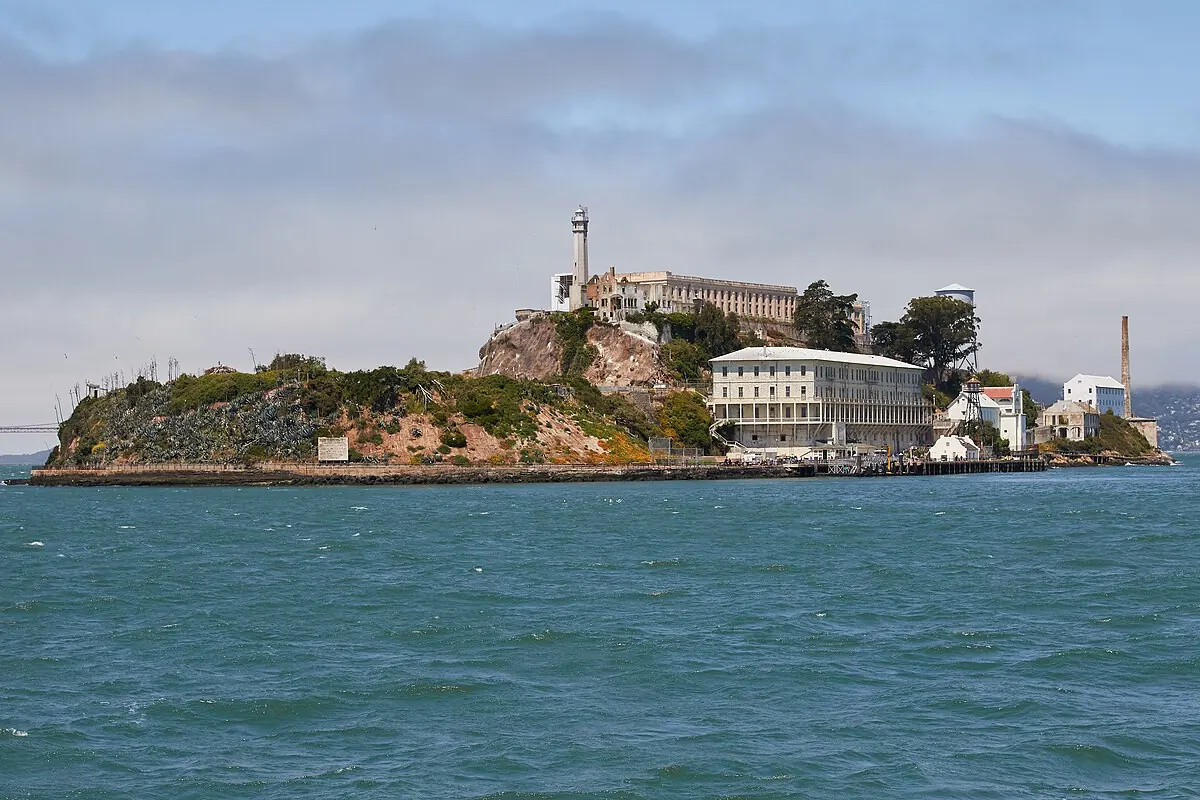 Alcatraz Island and its former prison buildings seen from the bay