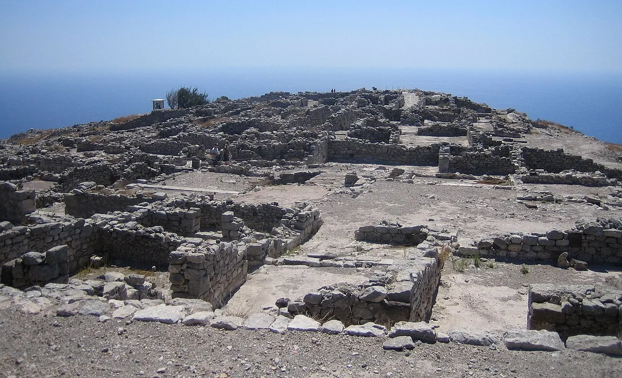 Stone remains of Ancient Thera on the ridge of Mesa Vouno above the sea