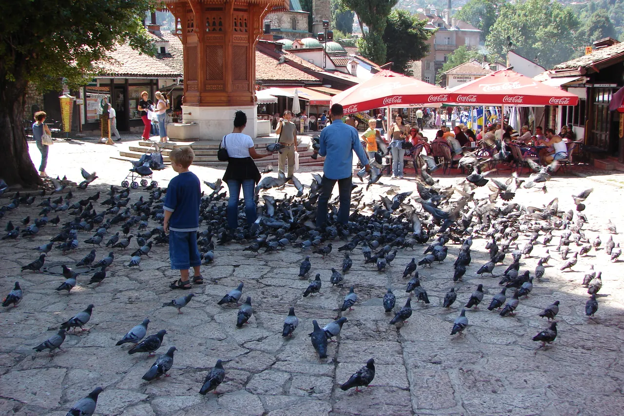 Sebilj-Brunnen und der belebte Hauptplatz der Bascarsija in Sarajevo
