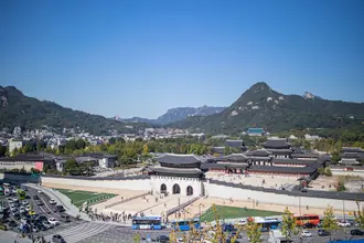 Gyeongbokgung Palace courtyards and the Gwanghwamun forecourt seen from above