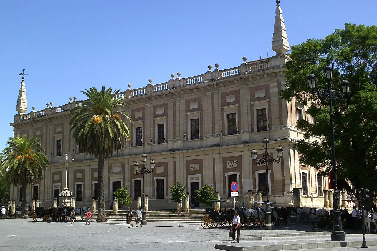 Stone and brick facade of the Archivo General de Indias in Seville