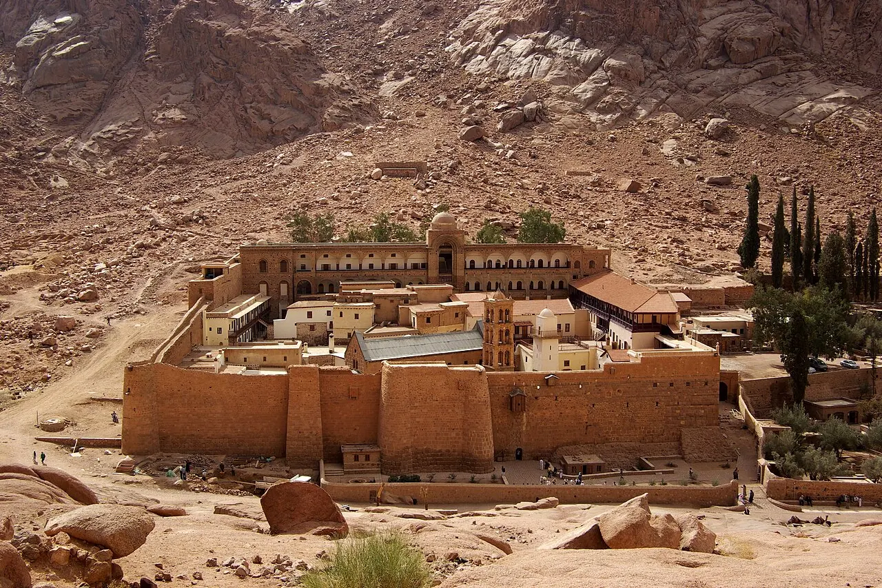 Fortified buildings of Saint Catherine's Monastery beneath Sinai mountains