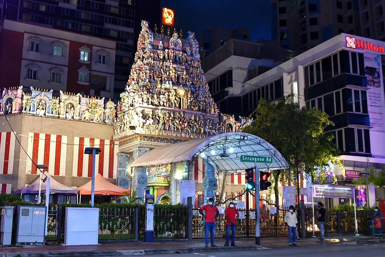 Colourful sculpted towers and entrance of Sri Veeramakaliamman Temple in Little India