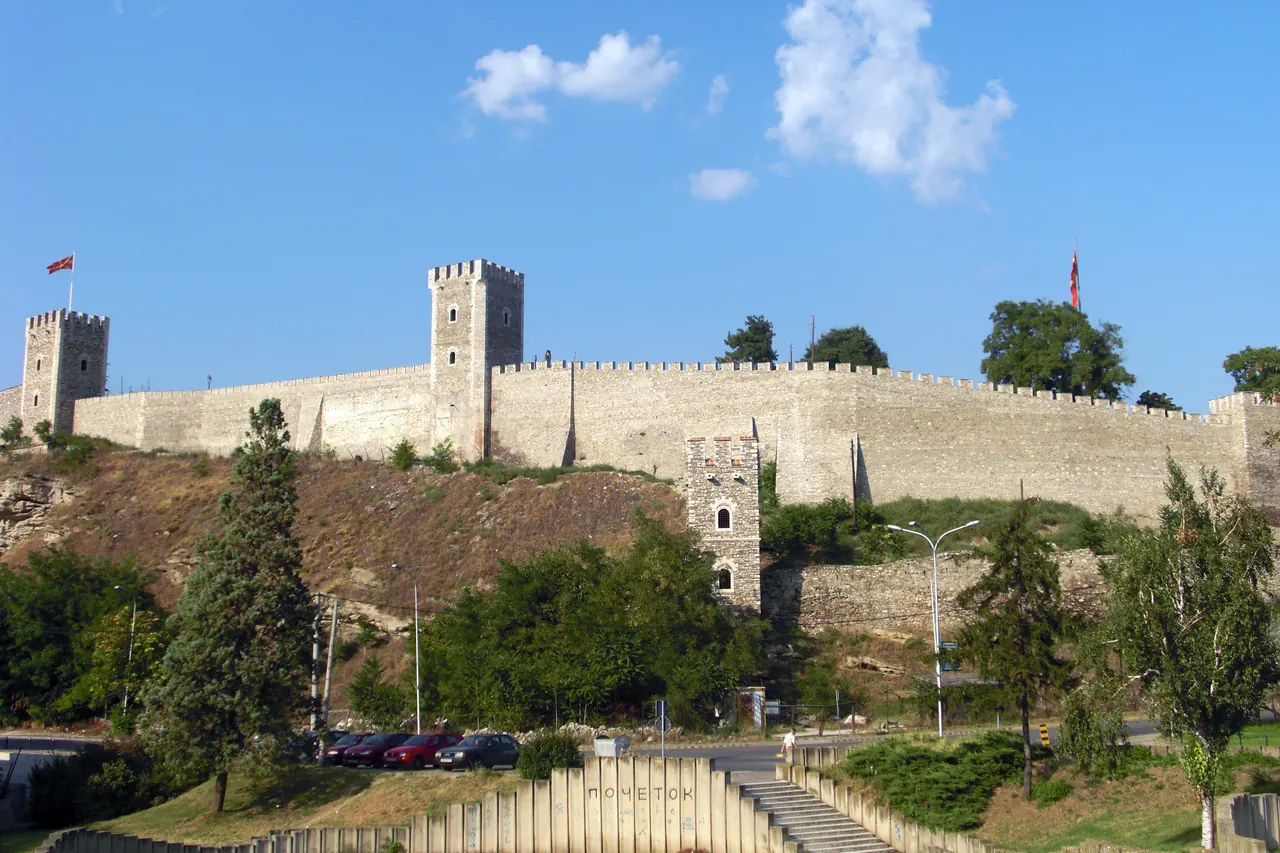 Long stone walls and towers of Kale Fortress above Skopje