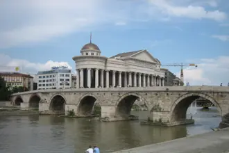 Stone Bridge across the Vardar with Skopje's archaeological museum beyond