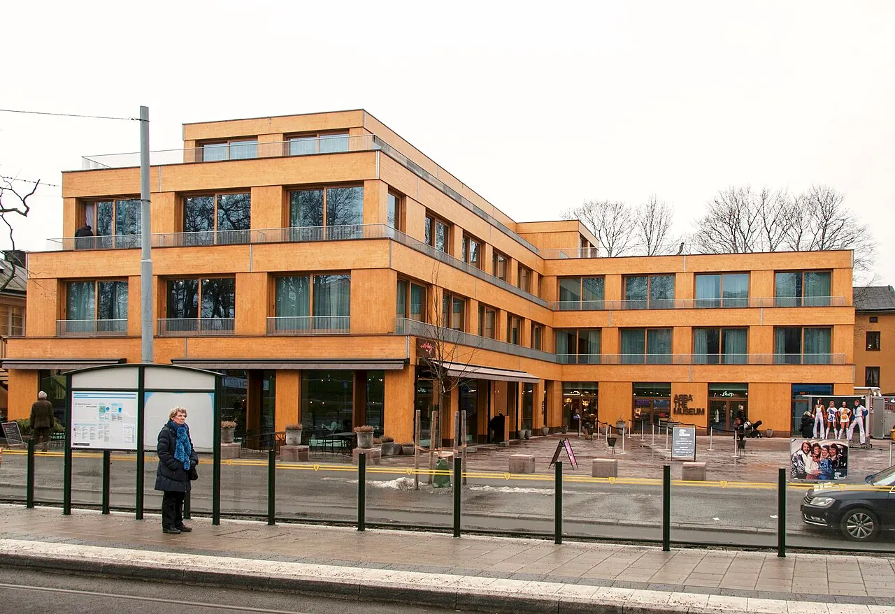 ABBA The Museum's exterior entrance and band imagery in winter