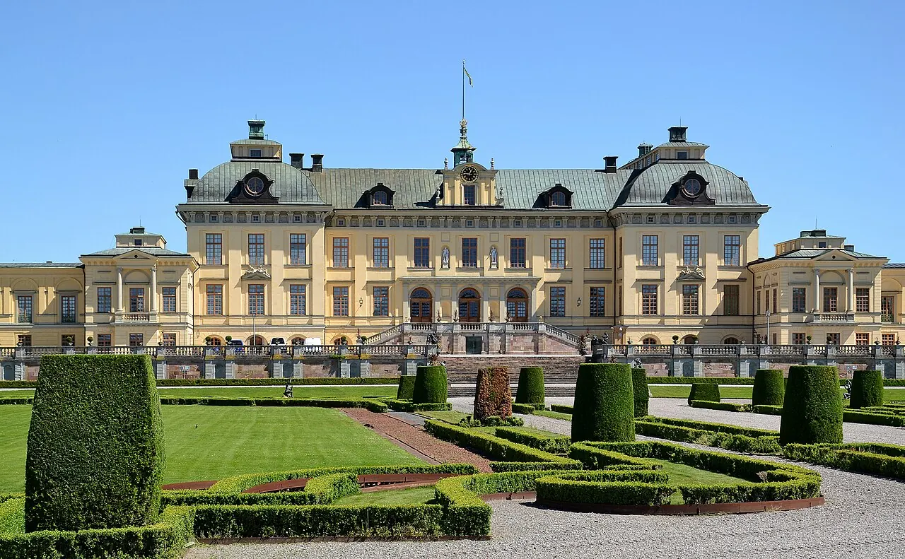 Drottningholm Palace's long facade seen from its formal gardens