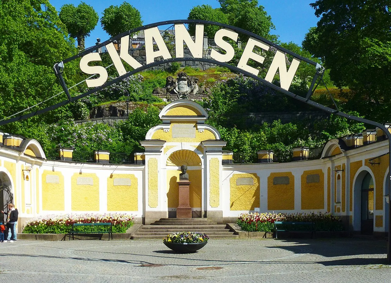 The main entrance buildings and flags at Skansen in Stockholm