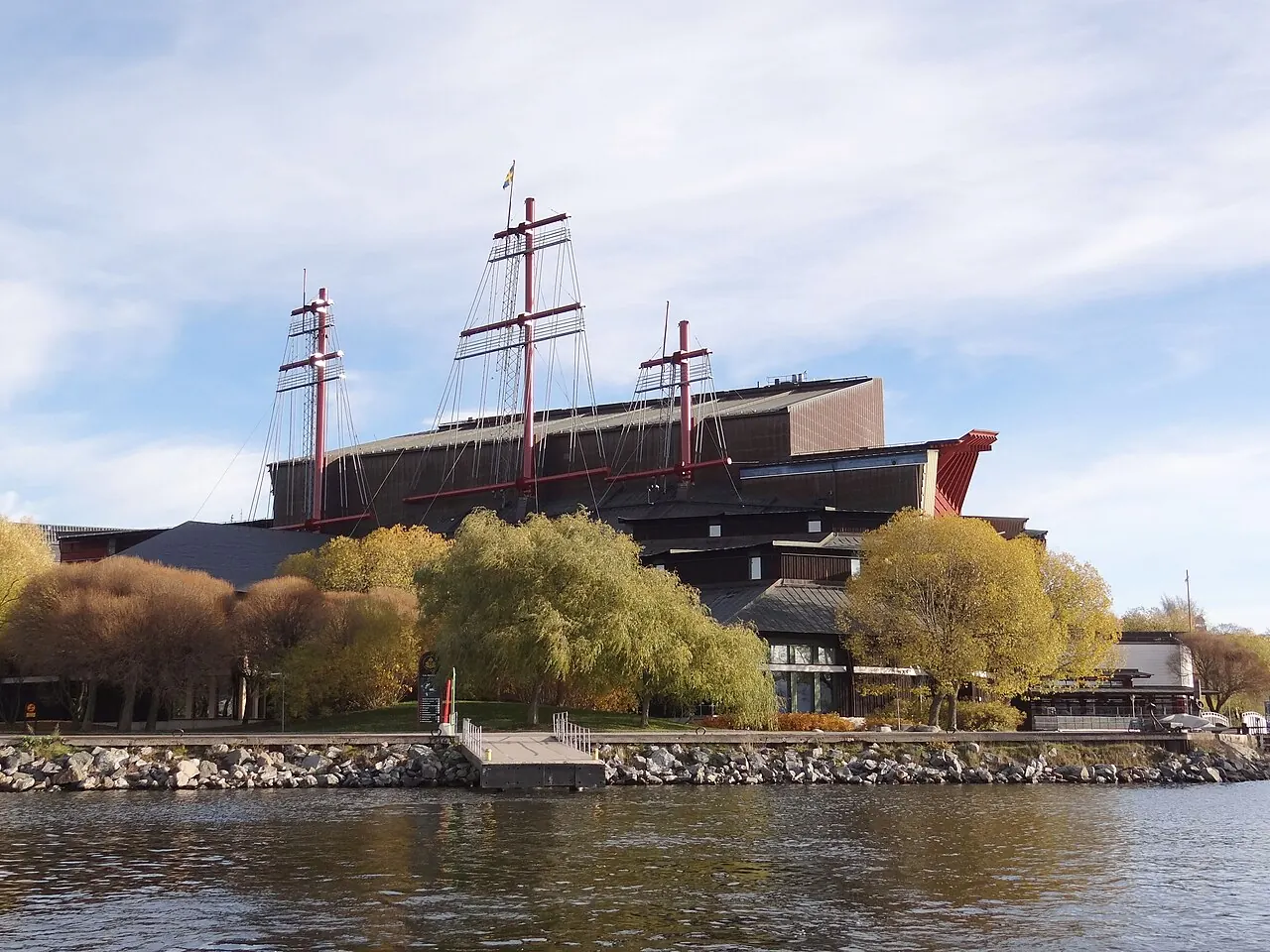 The Vasa Museum building and its roof masts seen across the water