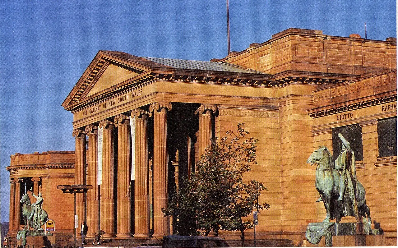 The sandstone facade and columns of the Art Gallery of New South Wales