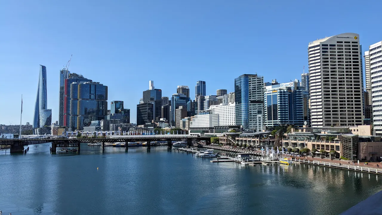 Darling Harbour and the western Sydney CBD seen across the water in September 2023