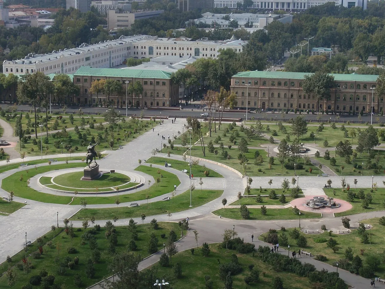 An elevated view of the gardens and circular paths of Amir Timur Square