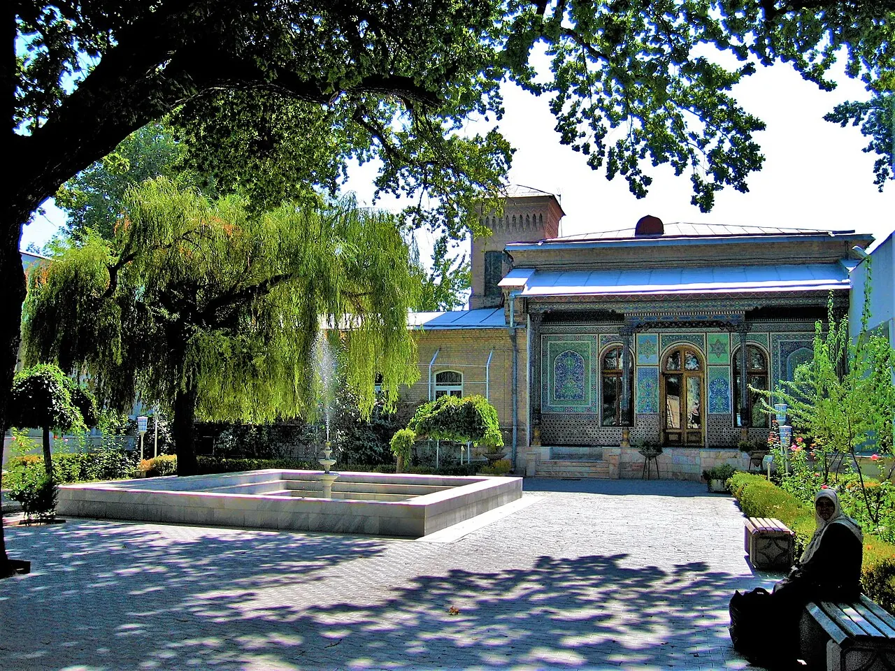 The decorated museum entrance and shaded courtyard of Tashkent's Applied Arts Museum