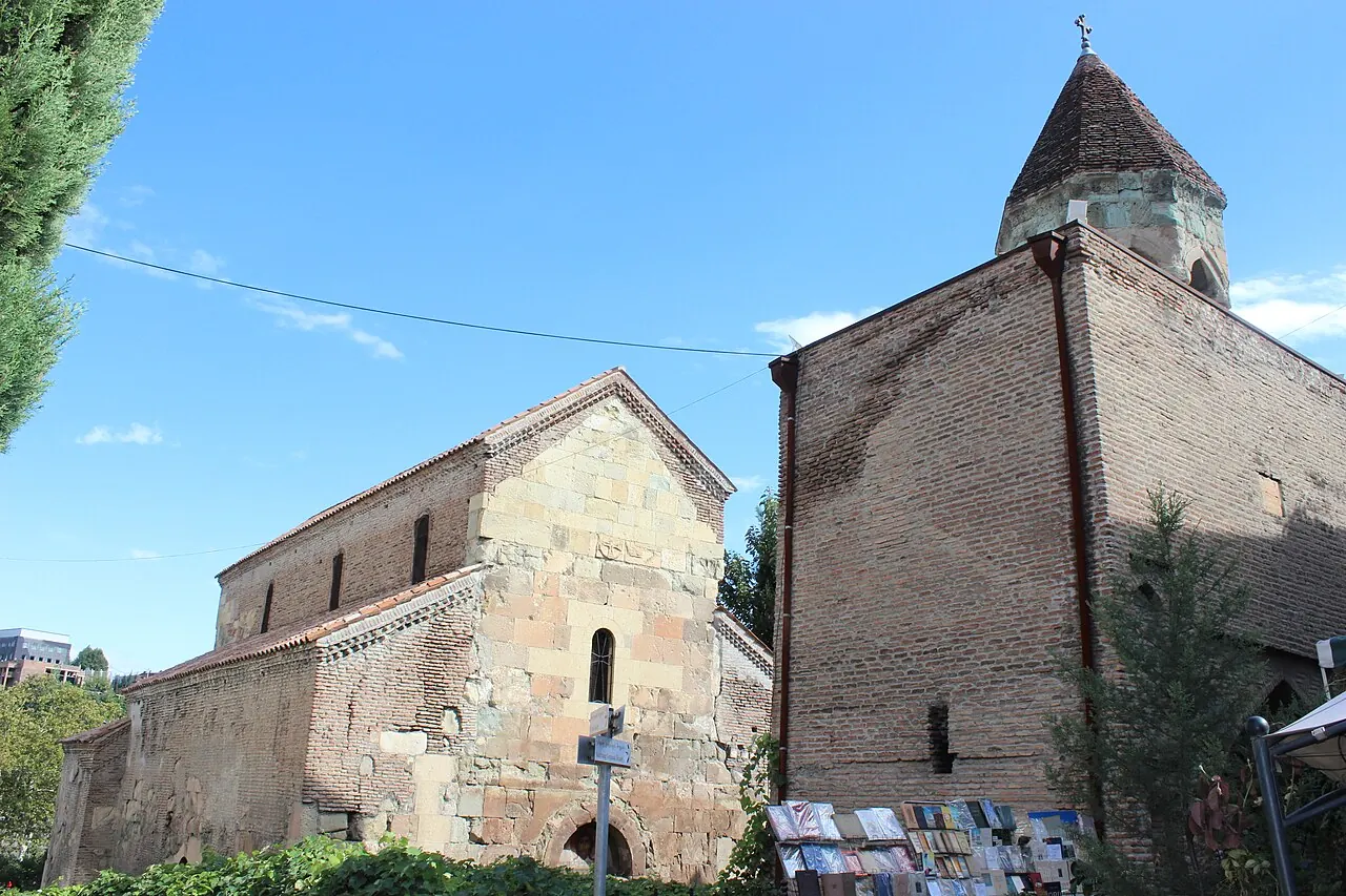 The brick and stone exterior of Anchiskhati Basilica in Old Tbilisi