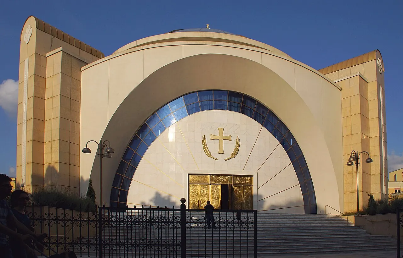 The domed Resurrection of Christ Orthodox Cathedral and its freestanding bell tower in Tirana