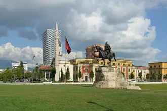 Skanderbeg's equestrian monument and the broad pedestrian square in central Tirana