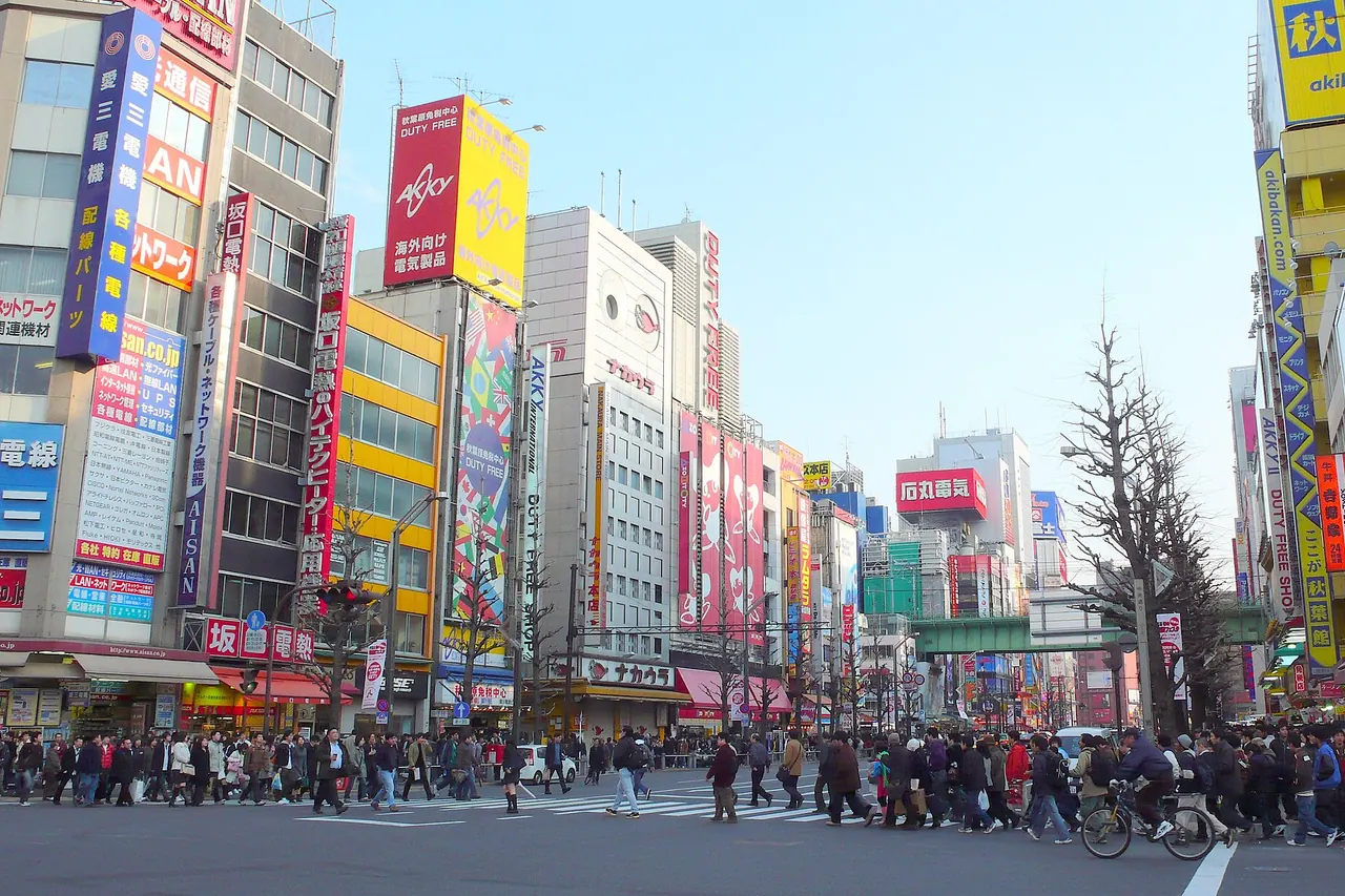 Colourful electronics signs and shops along an Akihabara street