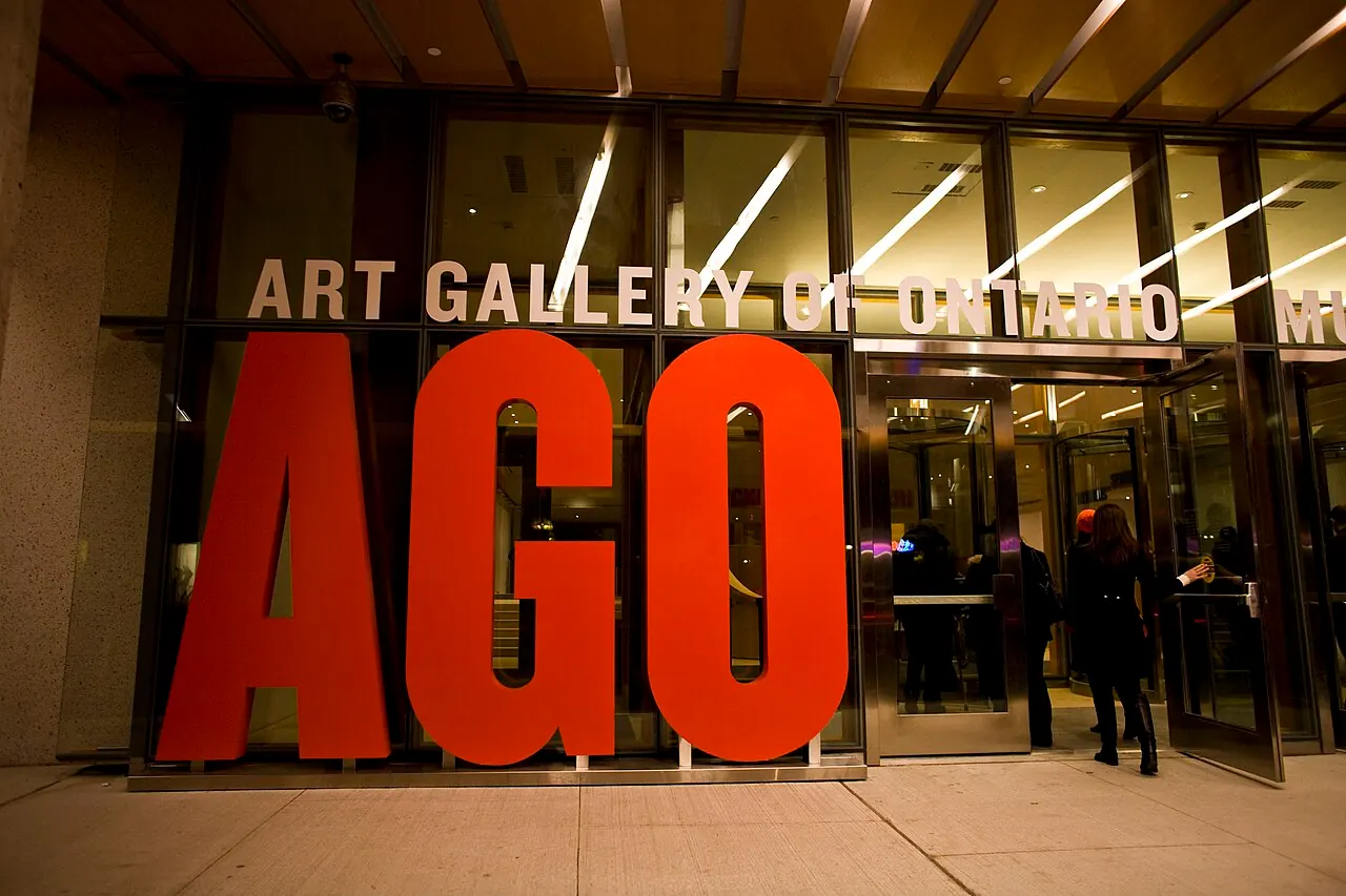 The signed glass entrance and large AGO letters at the Art Gallery of Ontario