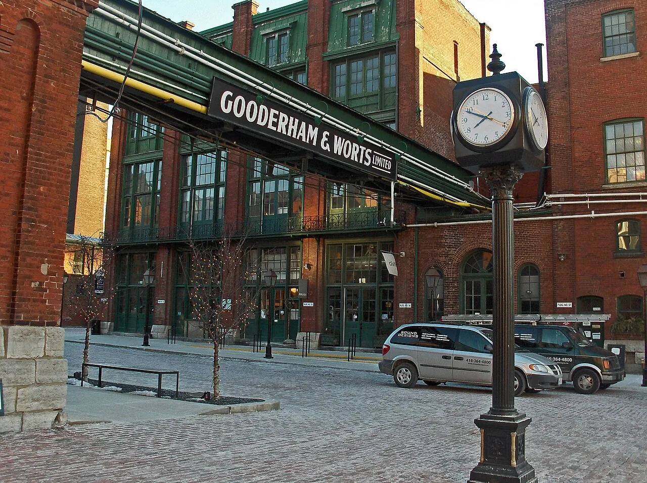 Brick industrial buildings and a pedestrian lane in Toronto's Distillery District