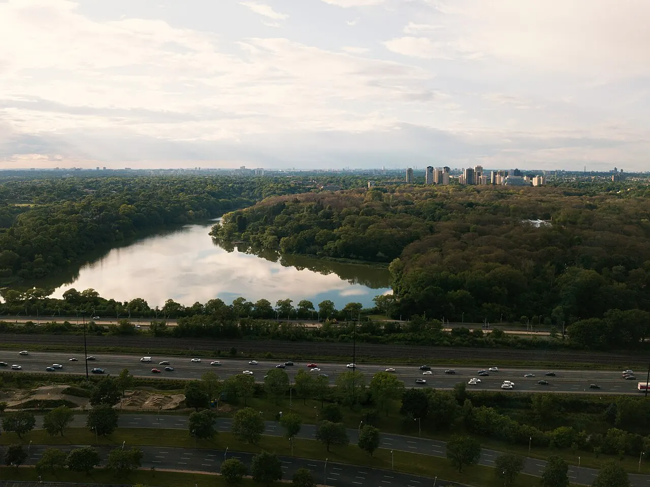 Grenadier Pond and surrounding woodland in Toronto's High Park viewed from above