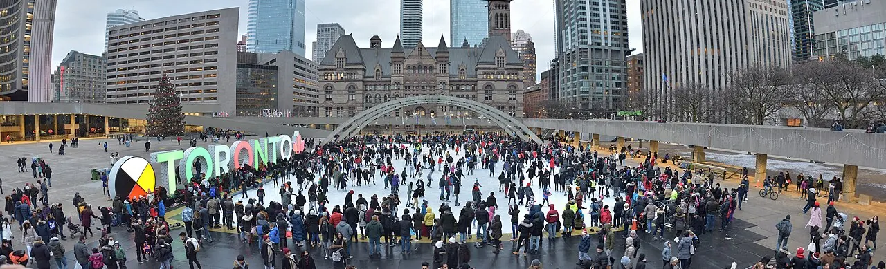 Nathan Phillips Square, its winter skating rink and Toronto City Hall
