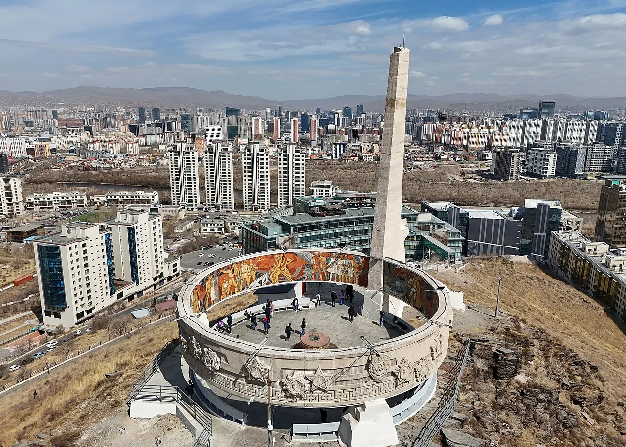 The circular Zaisan Memorial on its hill above Ulaanbaatar's surrounding neighbourhoods